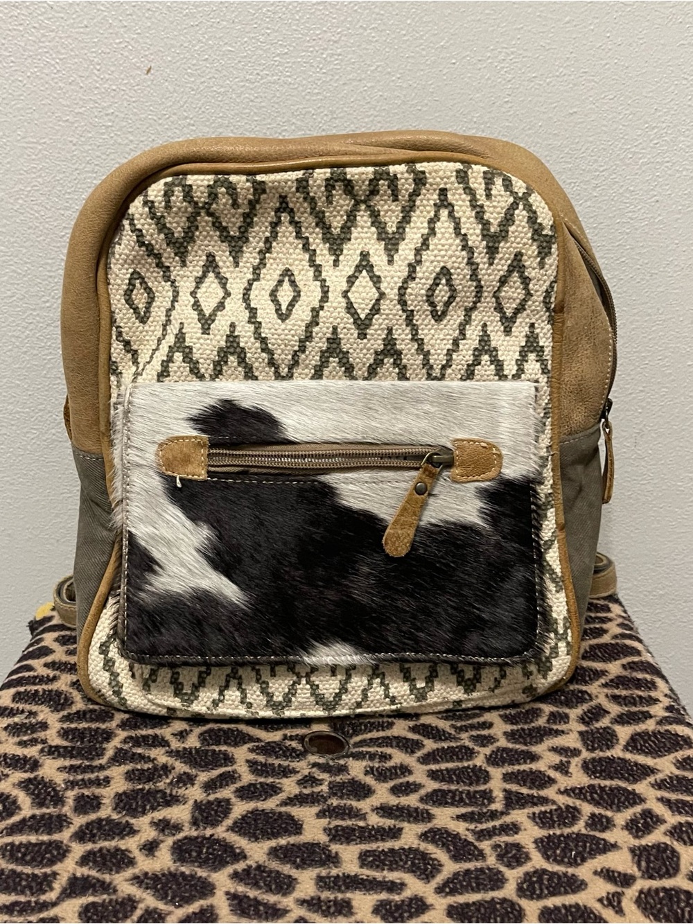 Myra Bag Patterned 100% Cotton Backpack Purse Bag Tan Gray Western Womens
